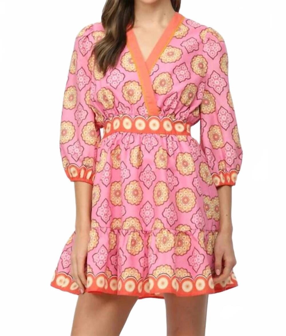 NEW FATE gathered sleeve smocked back waist mini dress in pink multi